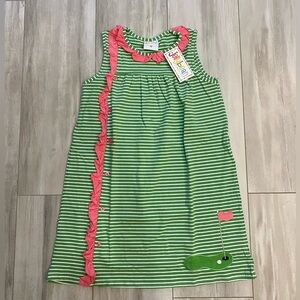 NWT Jellybean by Smock Candy Green Striped Golf Dress with Pink Ruffle, girls 12